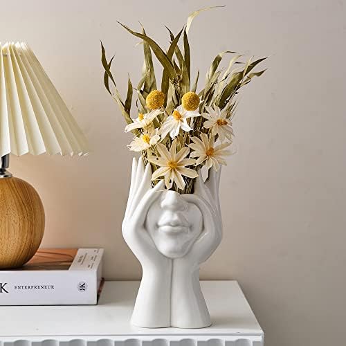 FJS Ceramic Face Vases, White Flower Vases for Decor, 3.5" W x 7" H Modern Decorative Vase Centerpiece for Table Shelf Living Room Office Bedroom