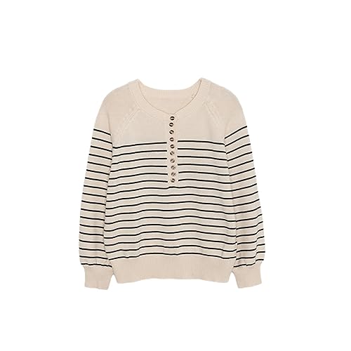 Women Long Puff Sleeve Stripes Sweater O-Neck Buttons All- Fall Winter Female Loose Jumpers