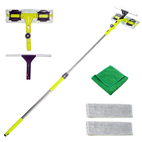Premium Window Squeegee Kit with Extension Pole and Microfiber Glass Scrubber Includes Soft Rubber Blade and Replacement Cleaner Pad with Bonus Polishing Cloth for House Shower Car and Outdoor