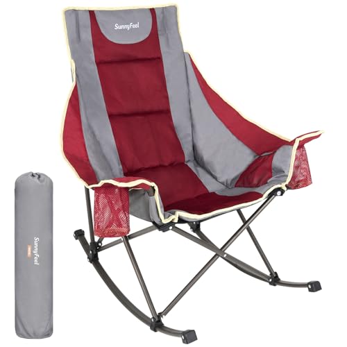 SUNNYFEEL Rocking Camping Chair Fully Padded Patio Folding Chair Portable Oversized Outdoor Rocker High Back Lawn Recliner with Side Pocket Camp Rocker Chairs for Adults Heavy Duty 500 LBS Red
