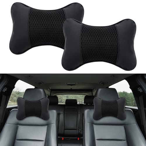 HIAHXC 2 Stück Auto Nackenkissen Kopfstütze, Ergonomische Nackenstütze Auto mit Memory Foam, PU-Leder Autositz Kopfkissen 28x18cm für Autofahren, Reisen, Büro (Schwarz)