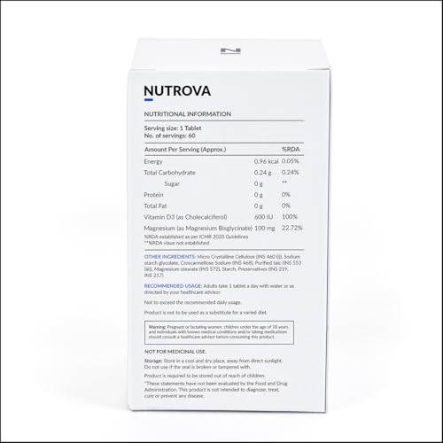 Image of Nutrova Magnesium+D3 | With Magnesium Bisglycinate & Vitamin D3 | Supports Better Sleep, Mood, Energy & Muscle Recovery | High Absorption Formula | Gentle on Stomach | 120 Veg Tablets (Pack of 2)