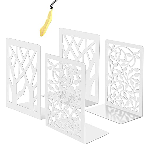 Iycnkok Serre Livres en Métal Presse Cale Bloque Livre Design de Feuille/Arbre, Signet Inclus, Bookends Robustes pour Étagère, Bibliothèque, Bureau, Écoles, Librairie, Lot de 4 Blanc