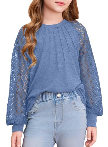 Image of blibean Girls Fall Long Sleeve Shirts Casual Lace Tops Size 6-15 Years