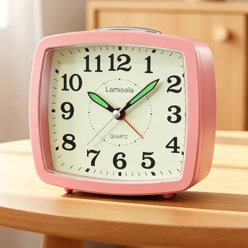 Image of Lamisola Analog Travel Alarm Clock for Bedroom, Small Desk Clock, Pink | Retro Battery Clock for Bathroom Shelf Table Bedside, Night Light Silent Snooze Clear Display for Kids Teens Girls