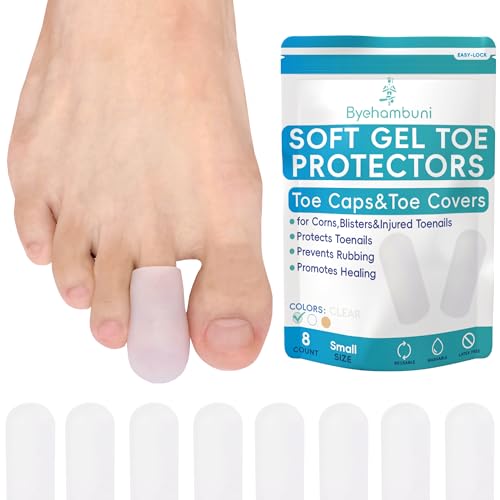 Byehambuni Silicone Toe Protectors - 8 Pack Gel Toe Caps - Toe Covers for Women - Toe Cushions for Pain Relief, Corns, Calluses, Blisters, Missing or Ingrown Toenails, Reusable - Clear, Small
