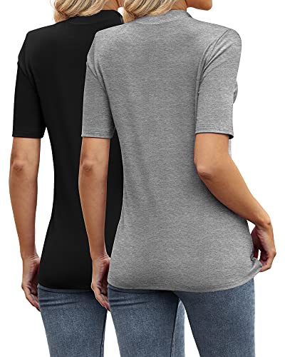 Ficerd 2 Pack Women's Tops Dressy Casual, Mock Neck Tops Half Short Sleeve Turtleneck Stretch Fitting Blouse For Women (Black/Light Grey, X-Large) #TOP2
