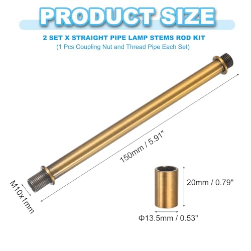 Image of PATIKIL Straight Pipe Lamp Stems Rod Kit, 2 Set M10 Carbon Steel 150mm(5.91 inch) Long Double End Thread Rod with Coupling Nuts Sleeve Connector for Table Lamps Chandeliers,Copper Gold