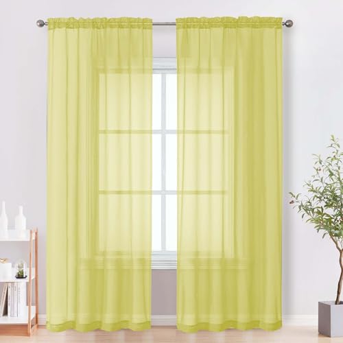 Image of OVZME Sheer Curtains 84 Inches Long 2 Panels Set, Light Filtering Transparent Lightweight Soft Window Treatment Panels for Study Room Living Room Guest Room, Each 42W x 84L Inches, Lemon