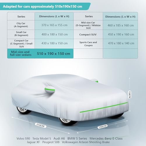 Autreykorn Funda Coche Exterior Impermeable Anti-UV Resistente al Viento y al Polvo con Cremallera Lateral, Funda Coche 510x190x150 cm Berlinas Medianas y Grandes - imagen 4