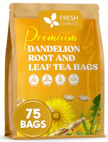 FreshDrinkUS, Premium 75 Dandelion Leaf and Roots Tea Bags, 100% Natural &amp; Pure, Herbal Tea, Daily Infusion Botanical, No Sugar, No Caffeine, No Gluten, Vegan. Powerful Support.