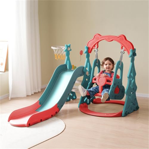 Red 3 in 1 Children's Slide and Swing Set, Children's Playground Climbing Swing Toy Set with Basketball Stand, freestanding Combination Indoor and Outdoor Play Toy