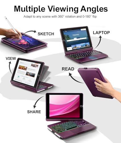 Image of Baisla iPad 9th Generation Case with Keyboard 10.2 inch (2021), 360 Rotatable with Trackpad & Rainbow Backlit, iPad Keyboard case for 9th /8th /7th, iPad Air 3, iPad Pro 10.5 (Raspberry)