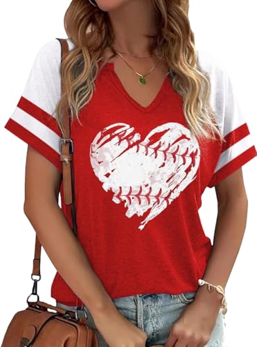 Womens Baseball V Neck Shirt Vintage Funny Baseball Graphic Short Sleeve Tee Summer TopsXL S-Red
