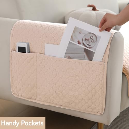 Image of HOKIPO Polyester Quilted Sofa Arm Cover With Pockets, Beige, Pack Of 2 (1 Pair) (In-787-Bge*2)