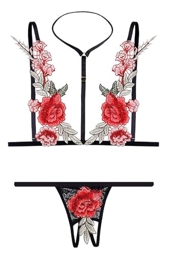 Image of Xivir Floral Embroidered Strappy Lingerie Set with Rose Applique, Black and Red, 2 Piece