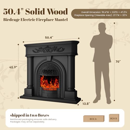 Image of 50 inch Tall Black Solid Wood Electric Fireplace with Mantel, Roman Column TV Stand with Arched Birdcage Heater Insert, Modern Fireplace for Living Room, Bedroom & Entryway
