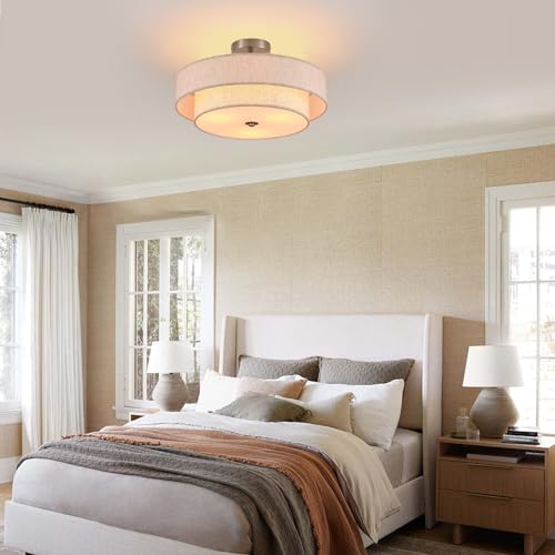 Widluth 18" Semi Flush Mount Ceiling Light 3-Light Modern Linen Drum Ceiling Lighting with Chrome Finish, Vintage Ceiling Light for Living Room, Kitchen, Basement, Laundry Room, Bedroom by Widluth - Used condition - Image 7