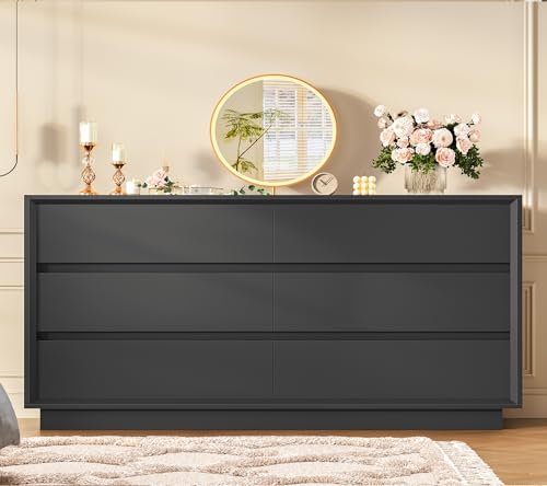 Image of TEENFON 55 inch Dresser for Bedroom with 6 Drawers, Black Dresser with Metal Slide, Bedroom Dressers, Wood Dressers & Chests of Drawers for Bedroom, Hallway, Black