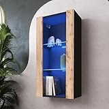 Komodee, Hängende Vitrine Schrank Tivoli Vertical, Wotan/Schwarz, Breite 50cm x Höhe 100cm 50cm x Tiefe 29cm, LED Blau, 2 Regalböden, für Wohnzimmer, Schlafzimmer, Eingang