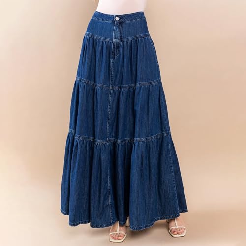 Boho Long Denim Skirts for Women Flowy High Waist Button Down Ruffled A-line Jean Casual Maxi Skirts with Pockets2