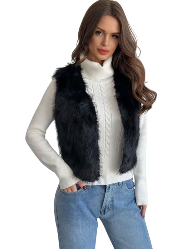 PATAKADEVI Black Faux Fur Vest | For Stylish Appearance | Sleeveless Short Length | Soft Textured Fabric | Lightweight Layering Piece | Voluminous Fit | Casual Outerwear | Fashionable Attire