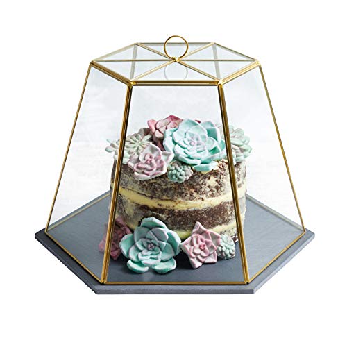 Artesà Geometric Glass Cheese / Cake Dome with Slate Serving Board, 31 x 27.5 x 25 cm (12" x 11" x 10") - Brass Effect Cover
