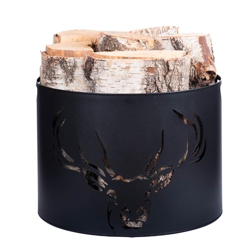 Kapaga – Kaminholzkorb 33 x 26 cm – Metall Schwarz pulverbeschichtet – Holzträger mit Hirschmuster – Robuster Holzkorb für Kamin, Wohnzimmer &...