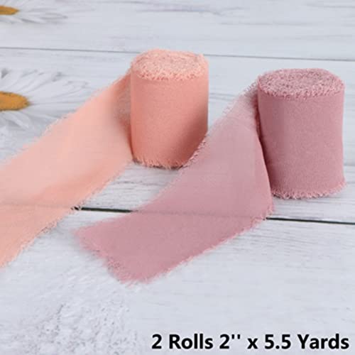Mikimiqi 2 Rolls Chiffon Ribbon Handmade Fringe Chiffon Silk-Like Ribbon Sample Color Swatch, 2" X 5.5Yd For Each Ribbon For Wedding Invitations Bouquets Gift Wrapping (Dusty Rose/Mauve) #TOP2