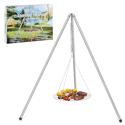 Stainless Steel Campfire Tripod for Cooking HaSteeL Camping Tripod Grill with 17 Folding Grate Heavy Duty Openfire Stand Hanger for Outdoors Beach Firepit BBQ Detachable Handle Adjustable Height