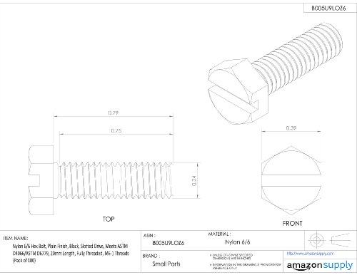 Image of Nylon 6 /6 Hex Bolt, Plain Finish, Black, Slotted Drive, Meets ASTM D4066 /ASTM D6779, 6mm Length, Fully Threaded, M3-0.5 Metric Coarse Threads (Pack of 100)