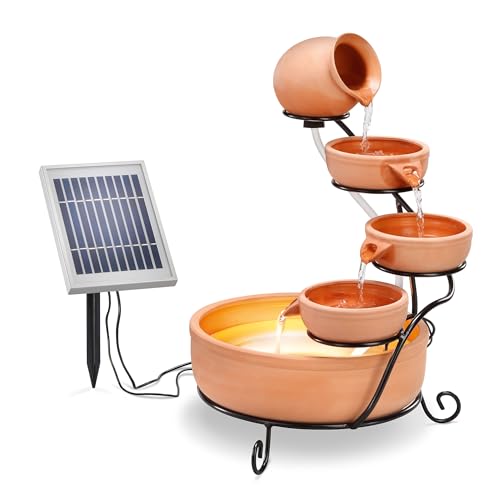 esotec Solar Kaskadenbrunnen Lucca aus Keramik mit Akku + LED, Gartenliebhaber-Geschenk, Springbrunnen für außen, Gartenbrunnen Wasserspiel, Katzenbrunnen, Zierbrunnen, Terrakotta H=55cm 101304
