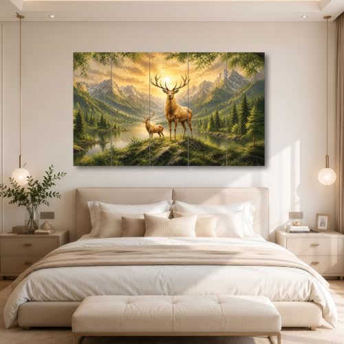 Image of The Castle Decor White & Golden Deer Digital Painting - Wooden Framed Wall Art for Living Room, Bedroom & Hotels (Multi Color - Design 6, 36x60 Inch)