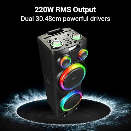 Image of ZEBRONICS VOX DJ Party Bluetooth Speaker, 220W, Upto 10h Playback, Karaoke & Record, BT v5.3 | TWS | USB | 2X Mic Input | Aux | SD | FM, Multicolor LED, 2 x 12 Drivers, Dual UHF Wireless Mic