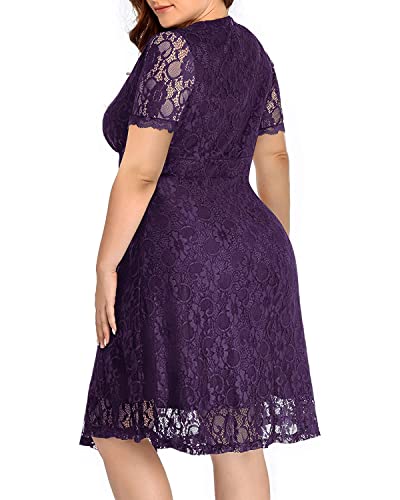 Image of Women's Wedding Guest Plus Size Semi Formal Cocktail Lace Wrap V Neck Short Sleeve Knee Length Dress