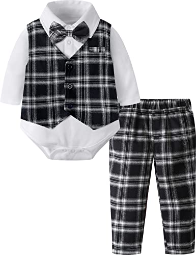 mintgreen Baby Anzug Junge Hochzeit, Gentleman Body Weste Plaid Kleidung, Schwarz, 9-12 Monate, 80