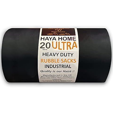 Haya Home 20 Ultra Heavy Duty Rubble Sacks Extra Strong Large Rubble Bags 100 Microns 40 Litre For Builders Garden Kitchen House Office Caterers DIY made from 100% Waste Recycled Material Cover