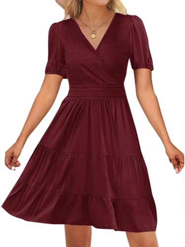 Image of Women's Casual Summer Dress V Neck Short Sleeve Flowy Stretchy Comfort Fit for Daily Wear Work Midi Dresses