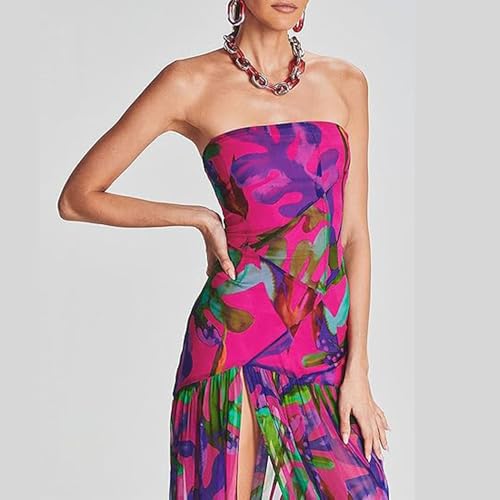 Image of Women Tube Top Dress Backless Strapless Mesh Leopard Print Side Slit Cocktail Bodycon Long Dress Party Club Dress