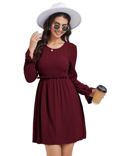 KOJOOIN Strickkleid Damen Rundhals Casual Midi Winterkleid Elegant Pulloverkleid A-Linie Pullikleid Weinrot M