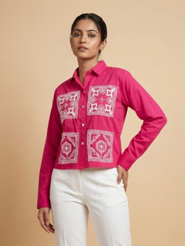 Image of Stylish Women's Embroidered Shirts | Geometric Pattern Half Sleeve Collared Button-Up Casual Shirt for Women