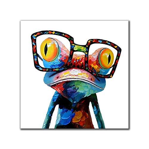 Animales modernos Lienzo Pintura Rana con gafas Póster e impresión Arte de la pared Cuadros para la sala de estar Decoración de la pared del hogar 30x30cm (12x12in) con marco