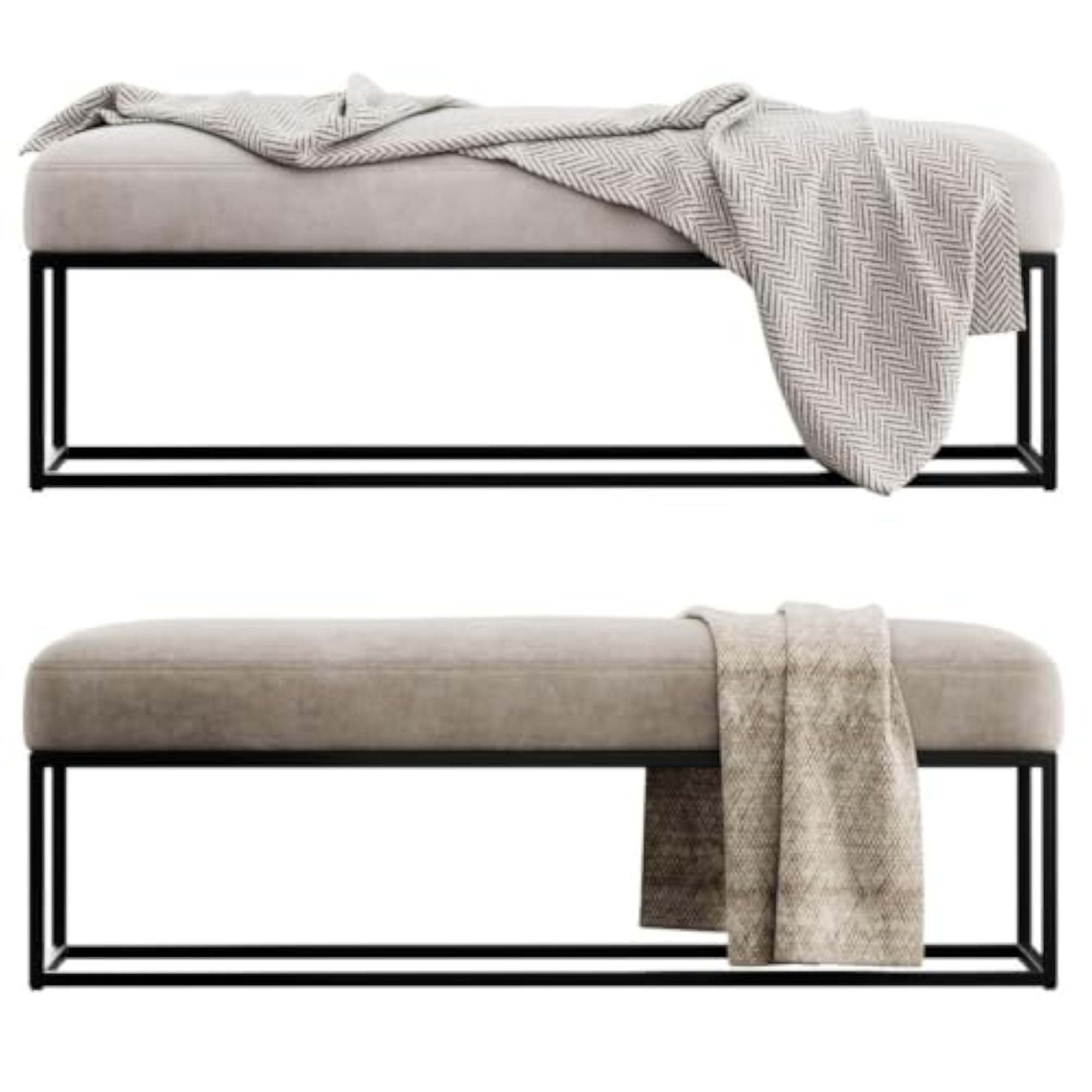 Upholstered Bench with Black Metal Frame, Beige Cushion Seat