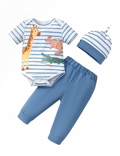 SUNNY PIGGY 3-6 Months Boy Clothes Baby Boys Outfits Fall Winter Infant Romper Striped 3Pcs Blue Pants Set Cute Hat Fashion Bodysuit Clothing Set