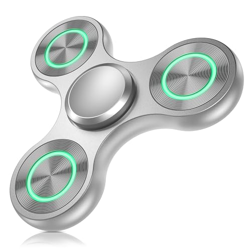 ATESSON Metal Light Up Fidget Spinner Toys, Durable Stainless Steel Bearing High Speed Silent with Fluorescent Precision Focus Anxiety Stress Relief Boredom Fidget Spinners for Kids & Adults Silver