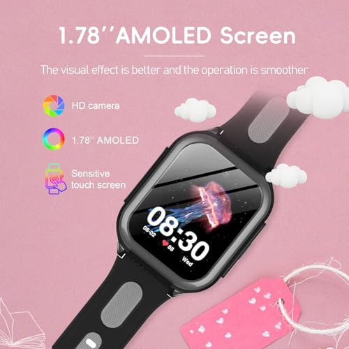 Wonlex 4G GPS Smartwatch for Kids, 1.78" AMOLED Touchscreen Phone Watch with SIM Card, Video Calls, Voice Chat, SOS, Camera, Music, Pedometer, Game, Birthday Gift for Girls Boys Ages 8-15(Black)2