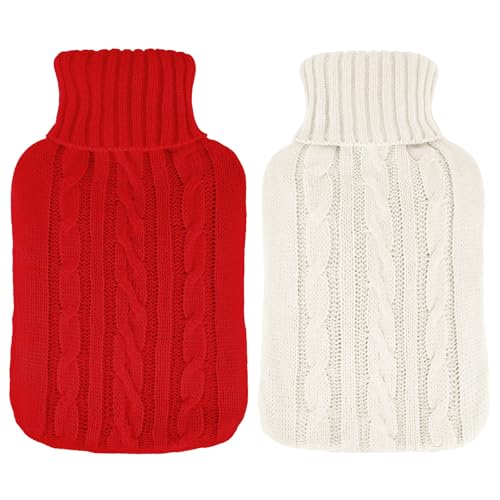 2 Pieces Hot Water Bottle Cover Soft Cover Only Knitted Hot Water Bottle Sweater for Winter Compress and Cold Therapy, Menstrual Cramps, Neck, Shoulder Pain Relief(Red,White)