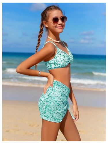 Image of OYOANGLE Girl's 3 Piece Bikini Sets Floral Print Spaghetti Straps Cute Swimsuits with Beach Skirt Bathing Suits