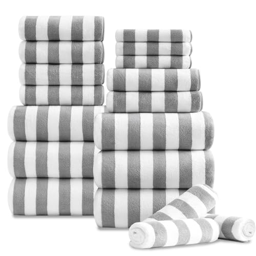 Oliven 18 Pcs Light Gray Cabana Stripe Family Towels Set-6 Bath Sheets