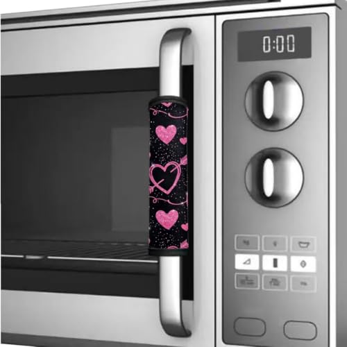 Image of Refrigerator Door Handle Covers Set of 6 Kitchen Electrical Appliances Handle Protector Anti-Slip Fridge Microwave Oven Home Accessories, Heart-Shaped Print Pink Black